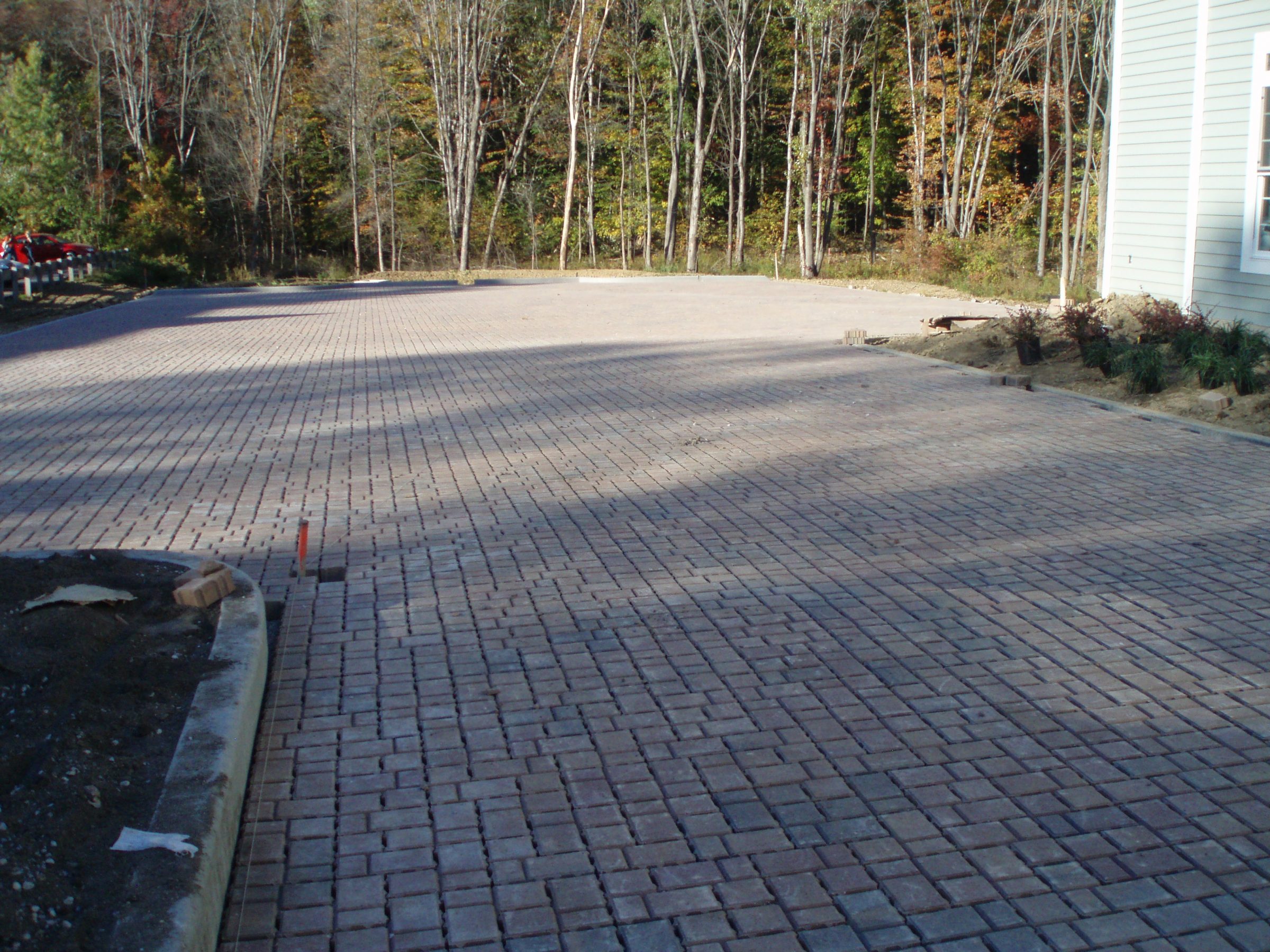 Paved driveway in forested area with modern design.