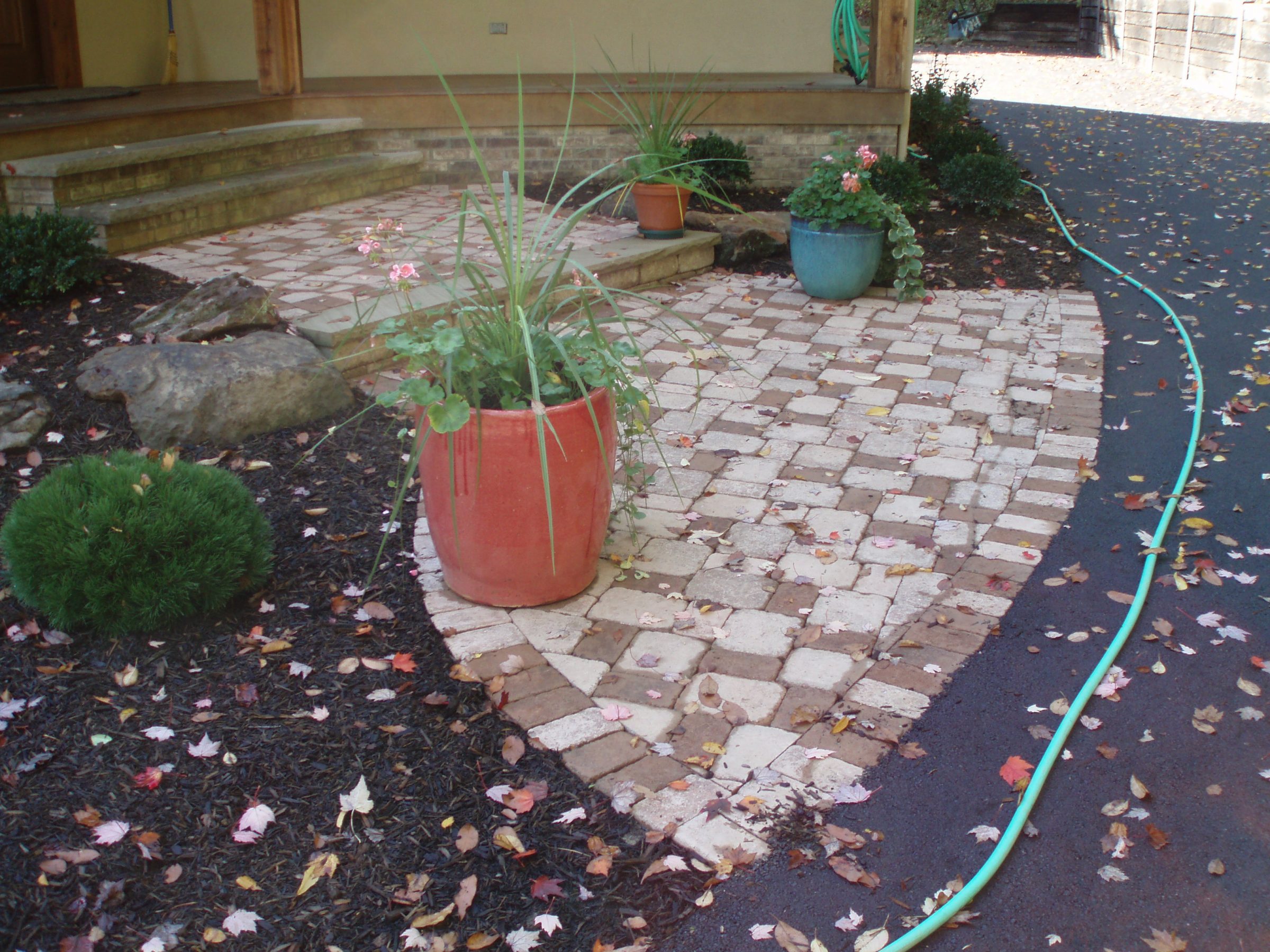 Brick patio with potted plants and fallen leaves.