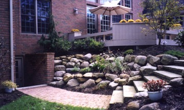 Backyard patio with stone steps and garden.
