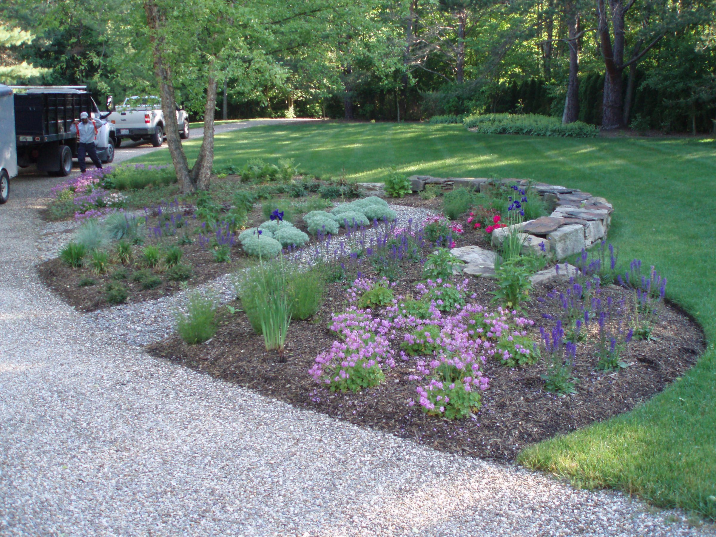 Colorful flower garden beside gravel pathway