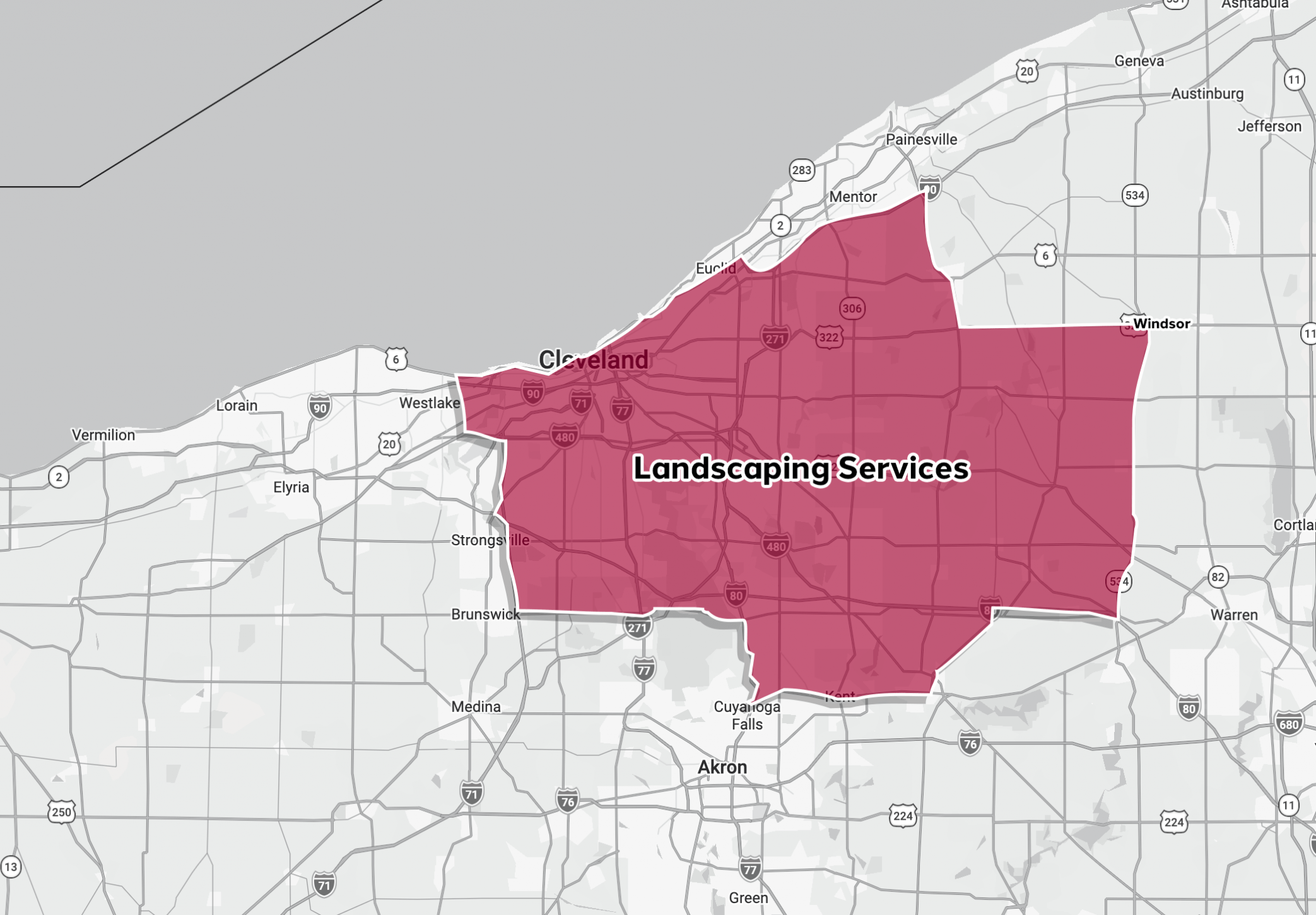Northeast Ohio landscaping services coverage map.