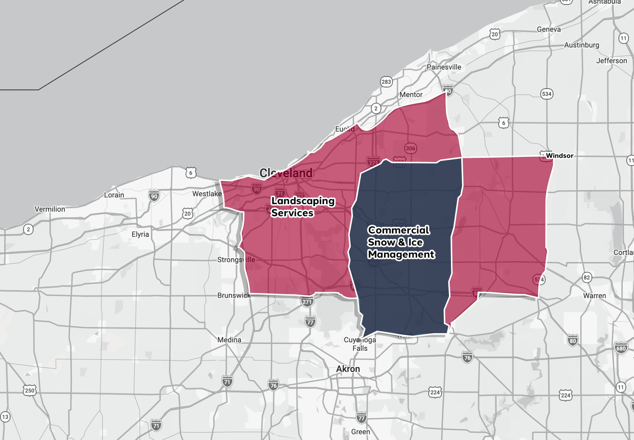 Map showing landscaping and snow management service areas.