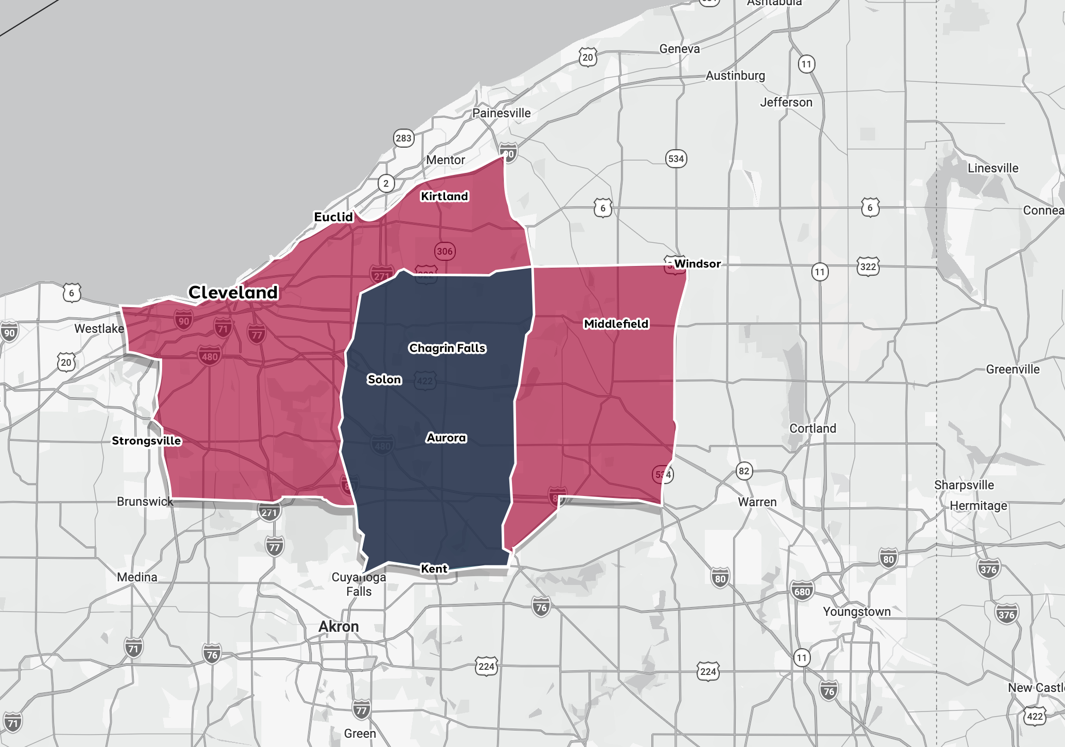 Map highlighting Cleveland's surrounding areas.