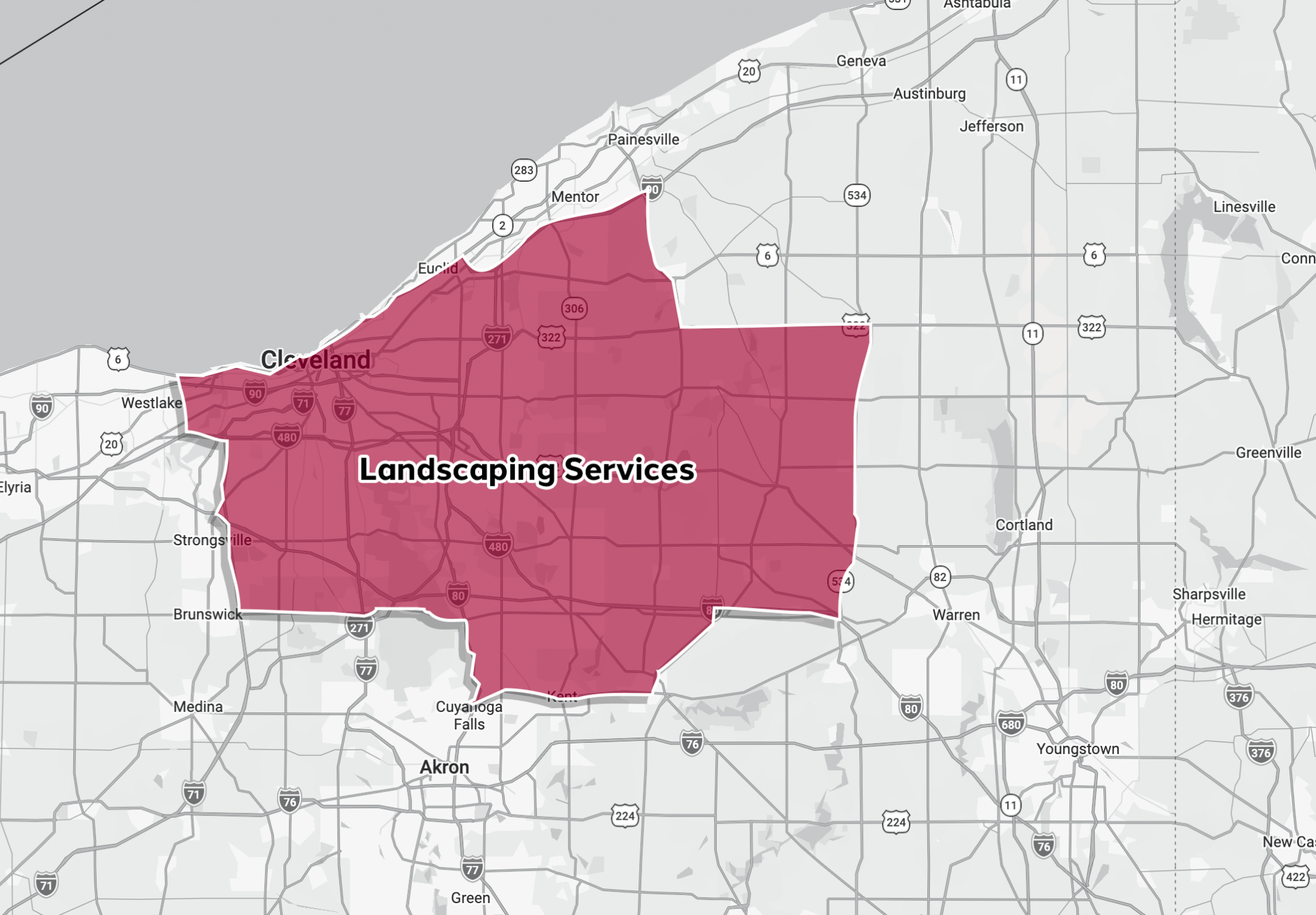 Map showing landscaping services area around Cleveland.